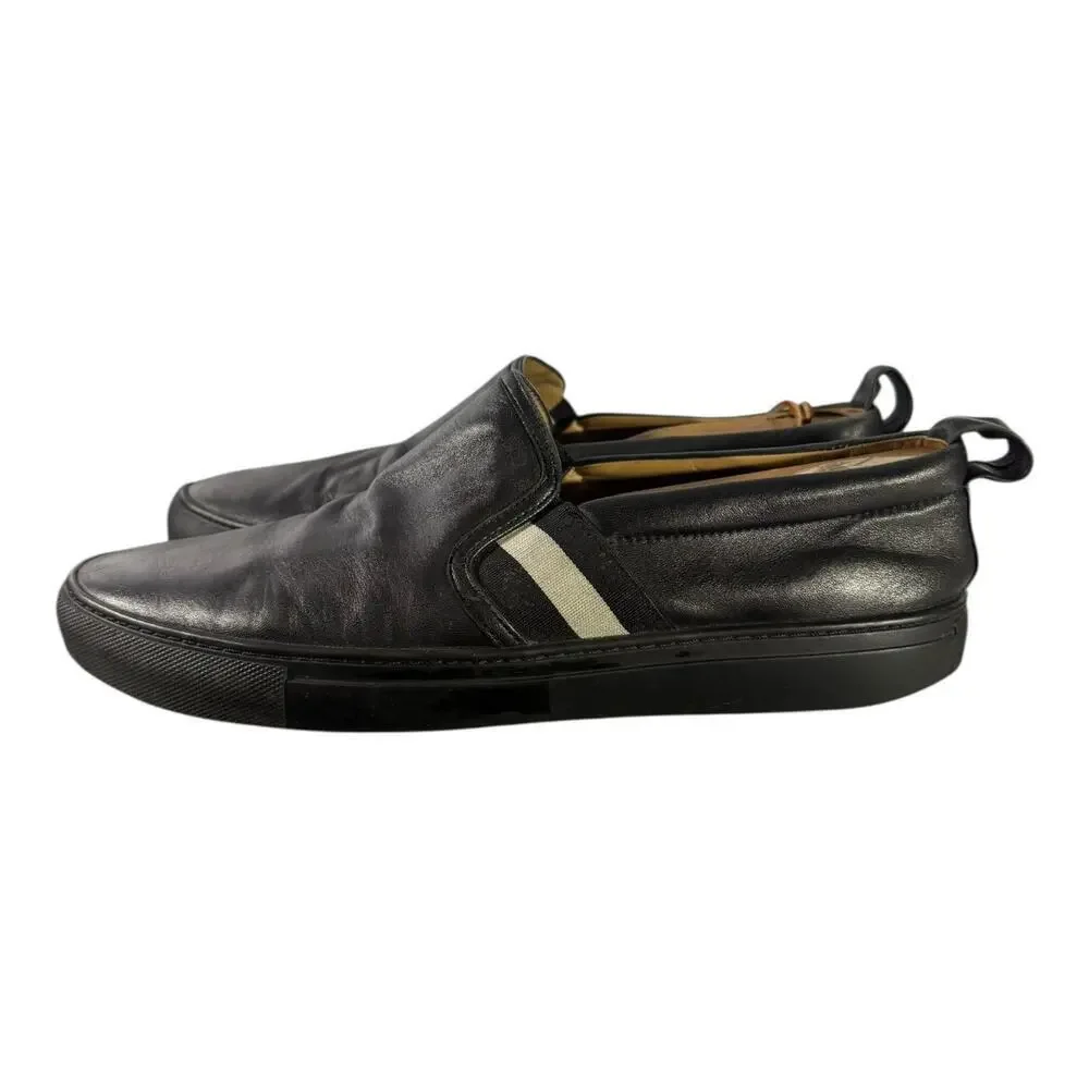 Bally Herald Men’s 200 Black Leather Slip On White Stripe Dress Sneakers 10 D